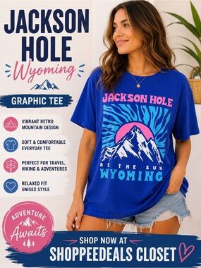 Jackson Hole Wyoming Graphic Tee Shirt Blue Pink Mountain Graphic Size M